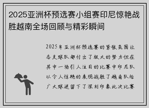 2025亚洲杯预选赛小组赛印尼惊艳战胜越南全场回顾与精彩瞬间