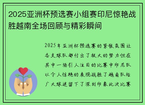 2025亚洲杯预选赛小组赛印尼惊艳战胜越南全场回顾与精彩瞬间 2025亚洲杯预选赛小组赛印尼惊艳战胜越南全场回顾与精彩瞬间